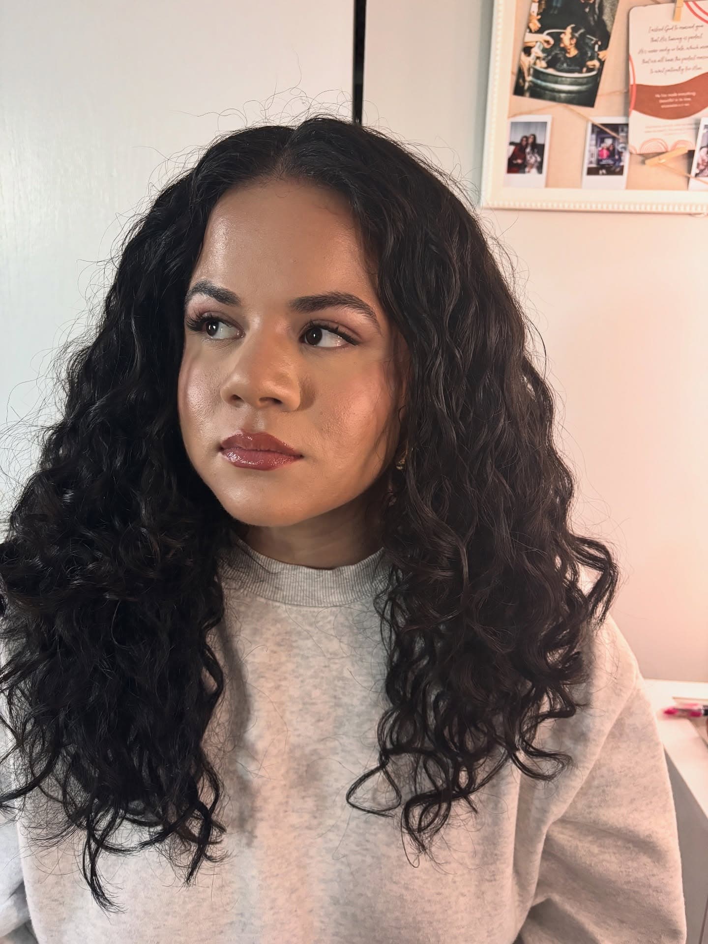 Glossy lip and soft glam makeup look